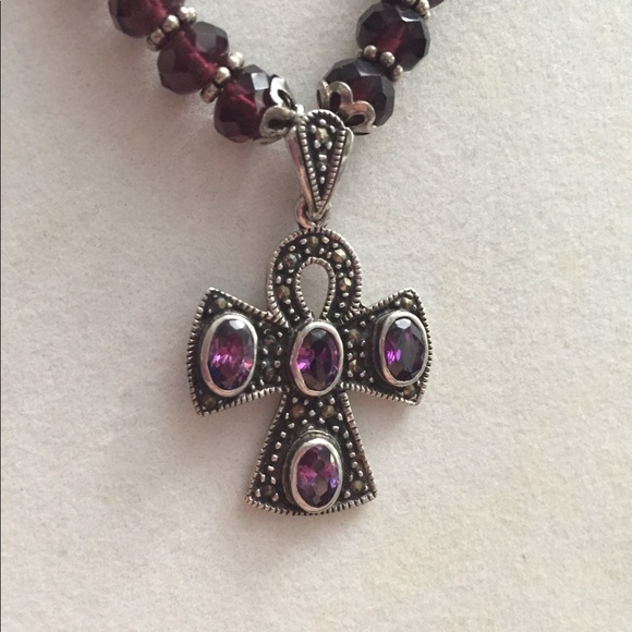 Red Crystals with 925 sterling silver Cross Amethyst Pendant - Picture 2 of 7